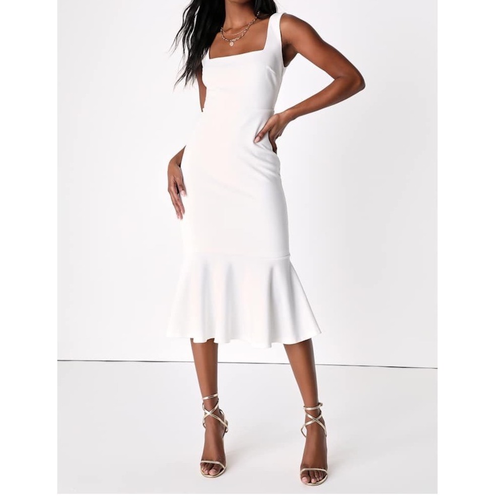 NWT Lulus Moment Maker White Square Neck Trumpet Midi Dress Large